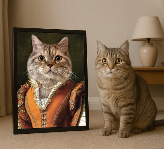 Crown & Paw custom medieval-style pet portrait beside the real cat
