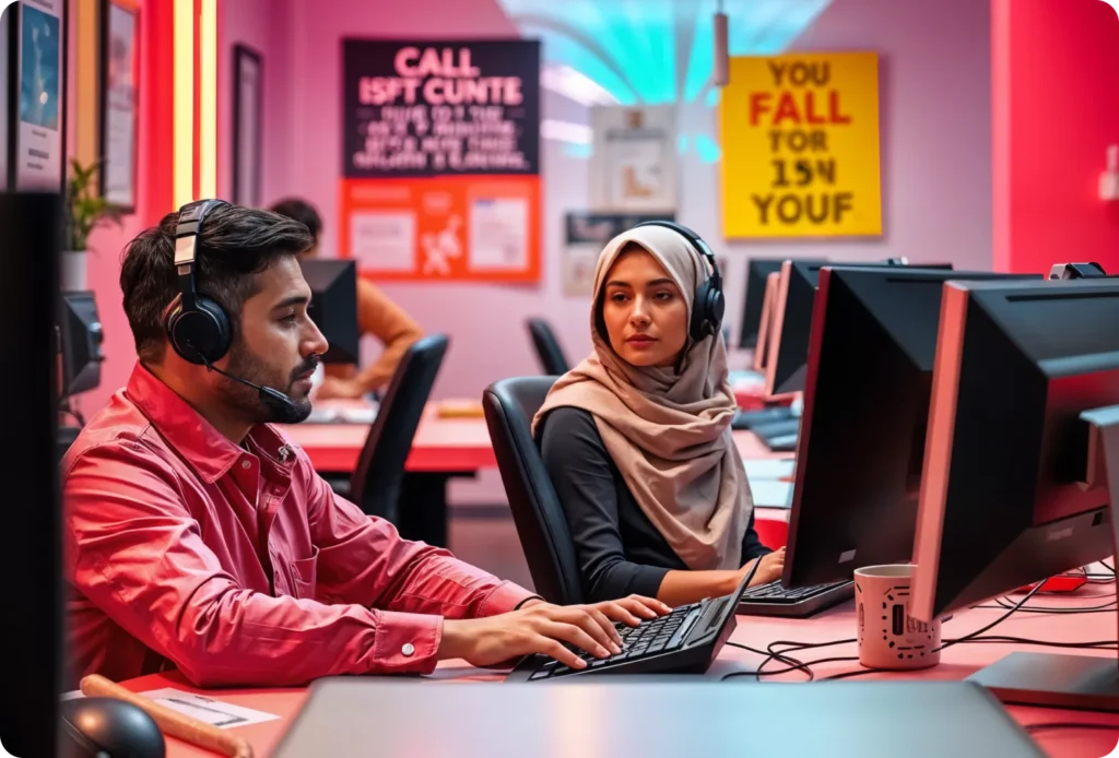 Two customer service representatives, a man in a pink shirt and a woman wearing a hijab, working at desktop computers in a colorful, modern call center. Both are wearing headsets and engaged in conversation. Bright motivational posters are visible on the walls in the background.