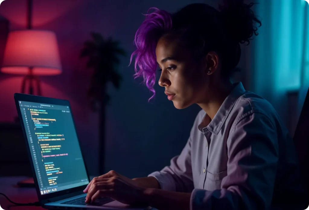 A girl with purple hair is coding on her laptop.