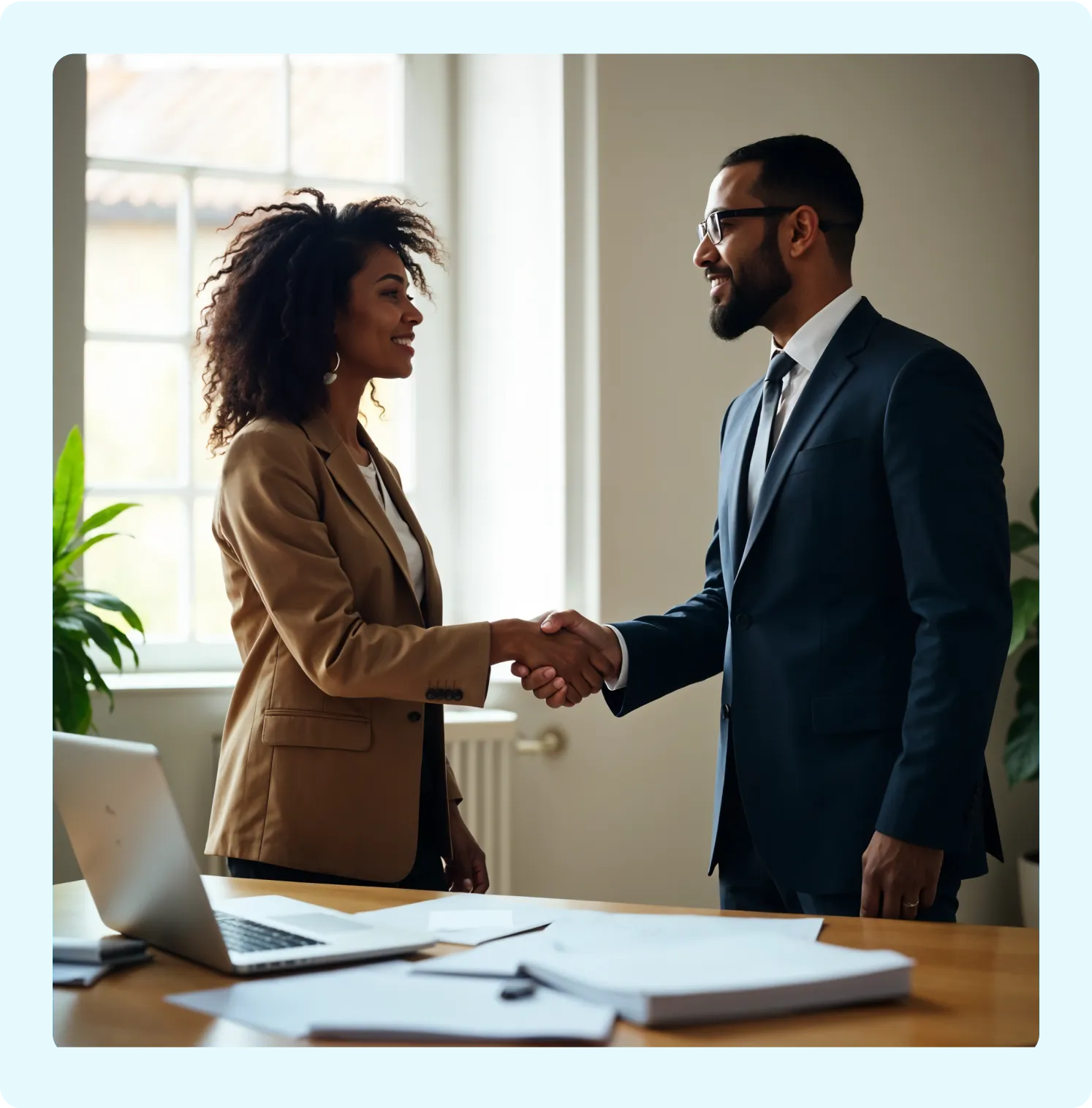 A boy is shaking hands with a girl in an office. And there is a laptop on the table.
