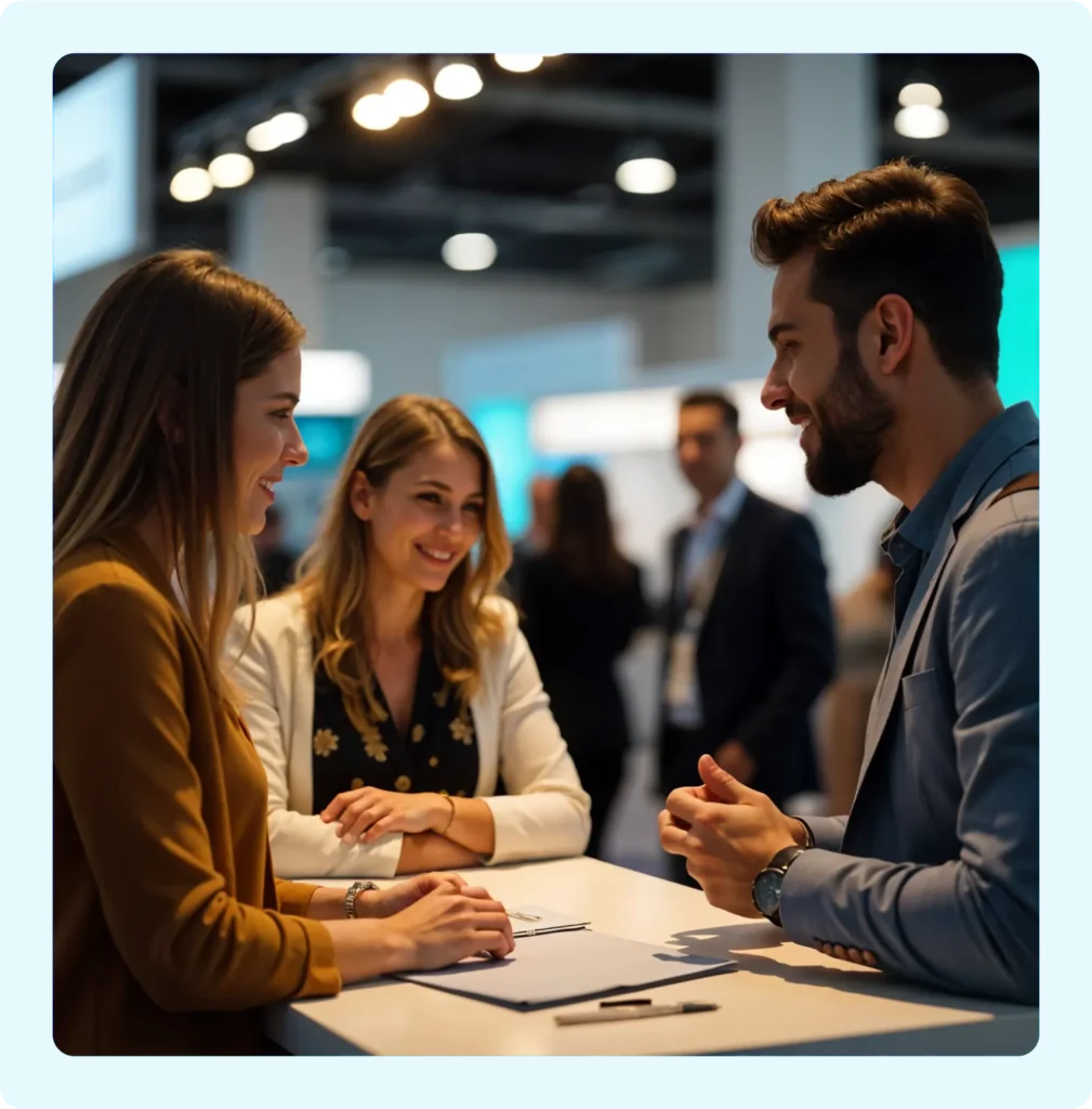 Three people are engaged in a conversation at a booth in a conference or event. Two women, one wearing a mustard-colored jacket and the other a white blazer, are sitting at a table. The man standing across from them is dressed in a light blue blazer. They are all smiling and interacting in a friendly manner. The background features blurred people, indicating a busy event atmosphere with bright lighting.