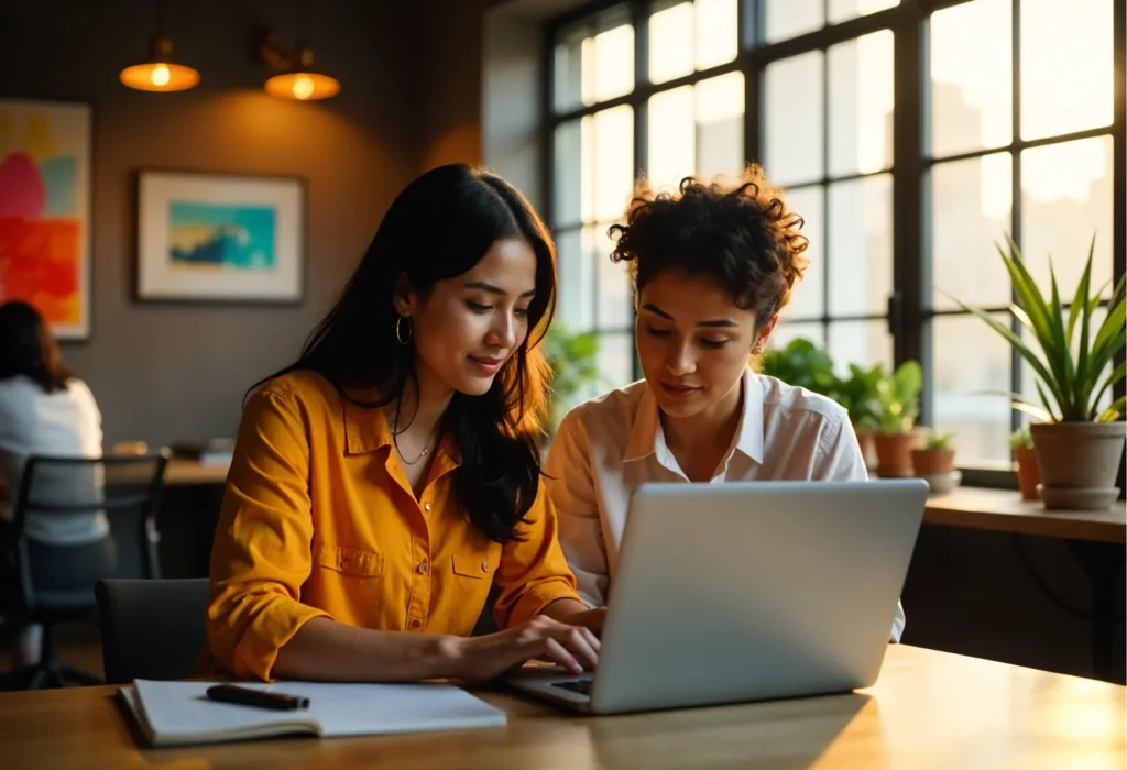 The girl in the yellow shirt and the girl in the white shirt are working together on the same laptop.