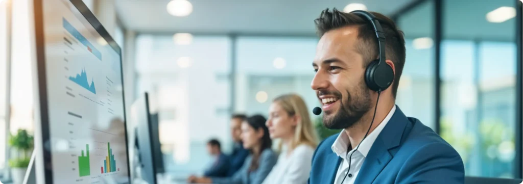 A marketing team working in an office with smiling faces