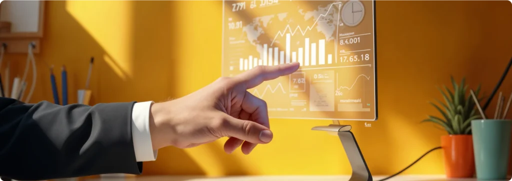 A man is pointing at a graph with his finger.
