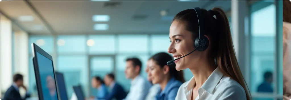 Smiling woman wearing a headset working at a computer in a bright, modern office, with several colleagues blurred in the background
