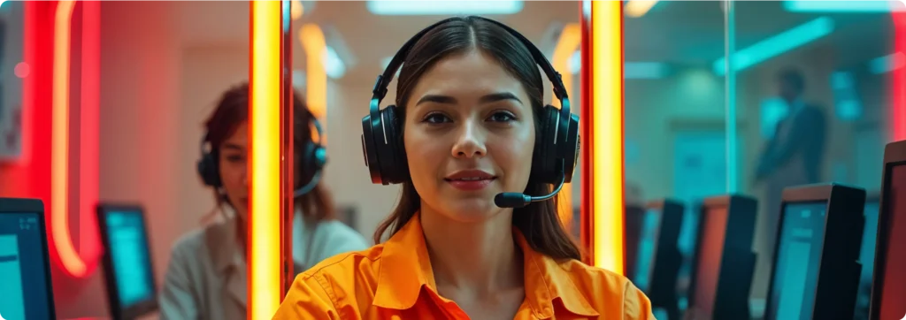 Data Processing 1 The girl in focus is wearing an orange shirt and headphones, sitting in a call center.