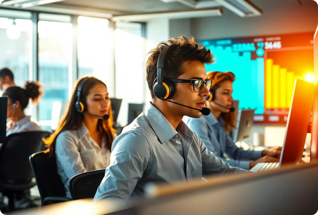 Focused call center agents wearing headsets working on computers in a modern office, with data charts displayed on a large screen in the background.