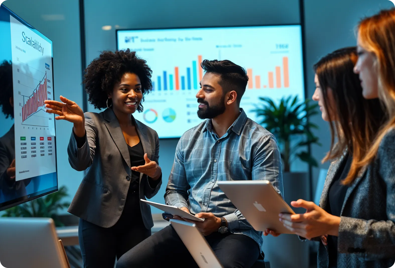 A diverse group of professionals in a modern office setting collaborating during a business presentation. A woman in a blazer points to a large screen displaying growth and analytics charts, while others engage with laptops and tablets.